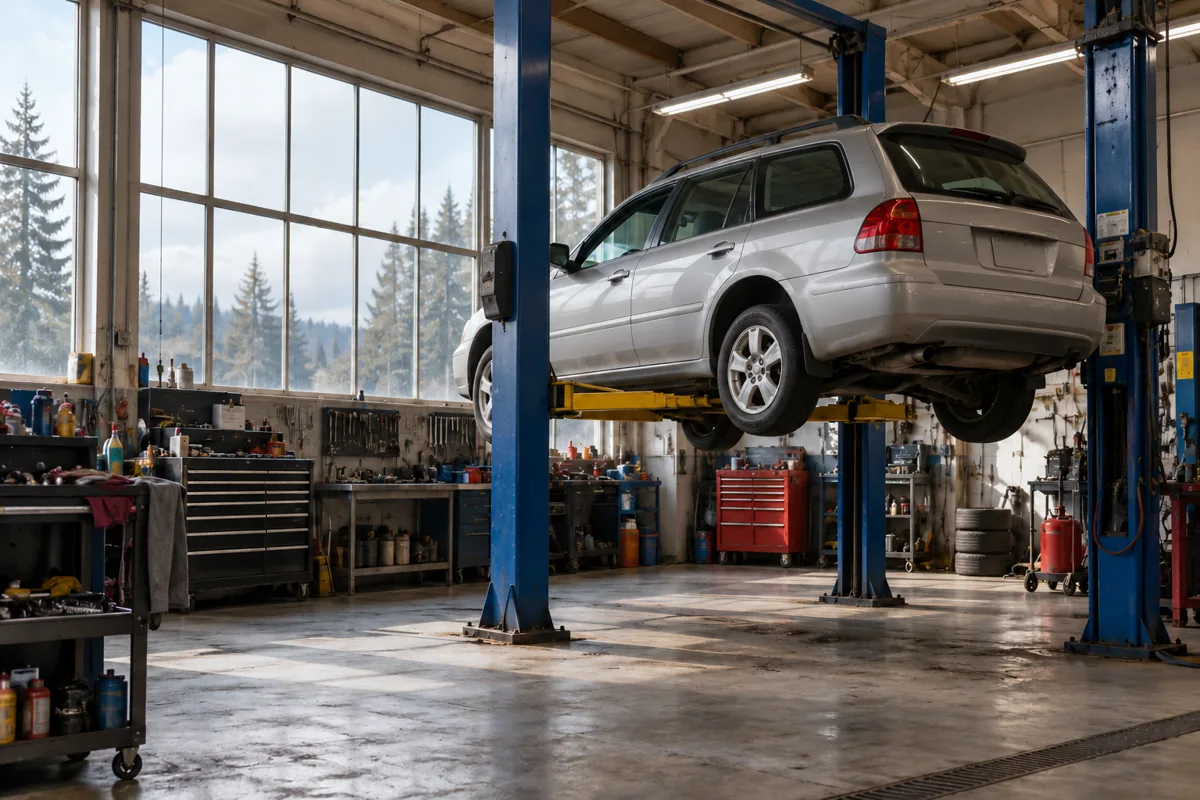 A car being serviced in a neighbourhood workshop